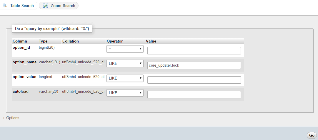 Seach for database table